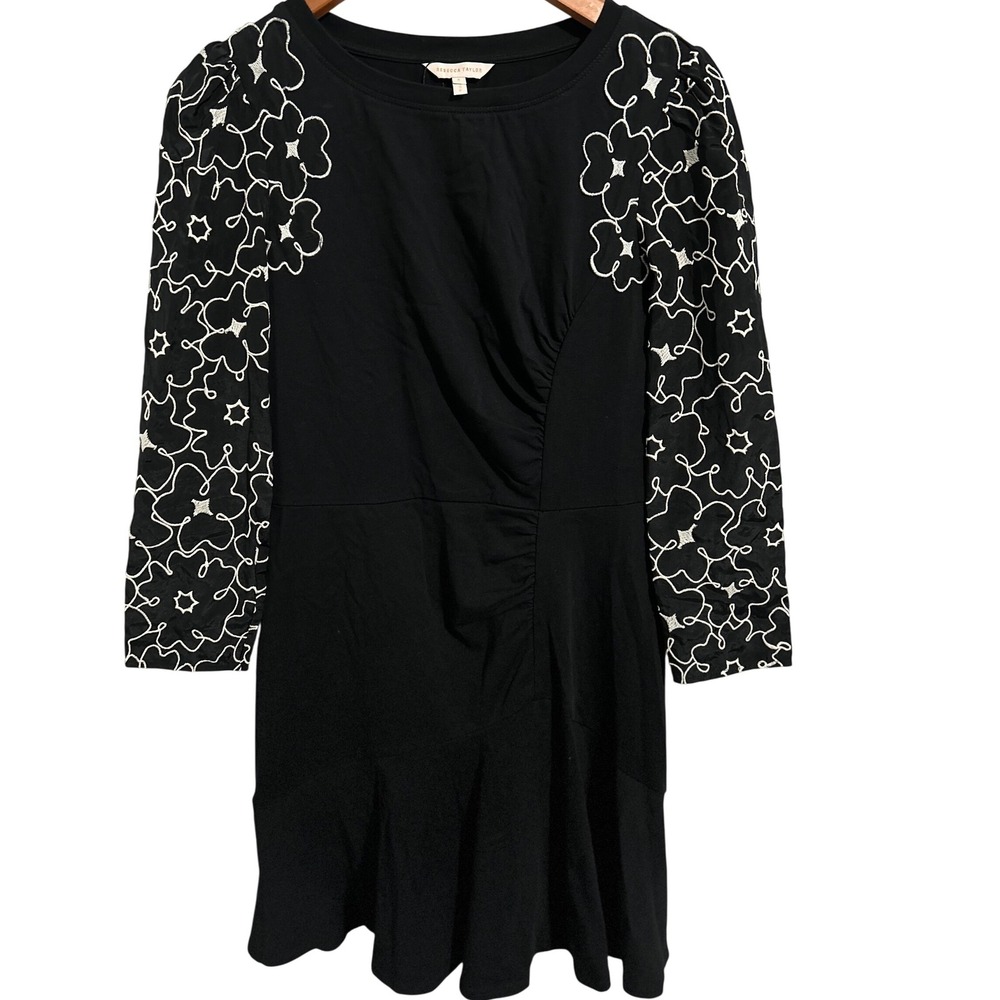 Rebecca Taylor Black‎ Stretchy Dress with Silk Floral Pattern Sleeves Women's 4